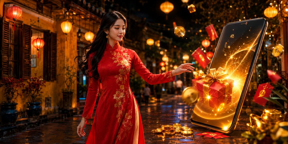 Người dùng tại Hội An mặc áo dài nhận phong bao đỏ bonus trong lễ hội truyền thống